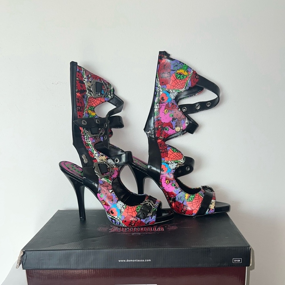 Demonia Black and Multicolor zombie Heels size 12